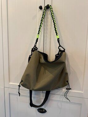 Athleisure Street Style Nylon Hobo Bag Crossbody Convertible Olive and Neon
